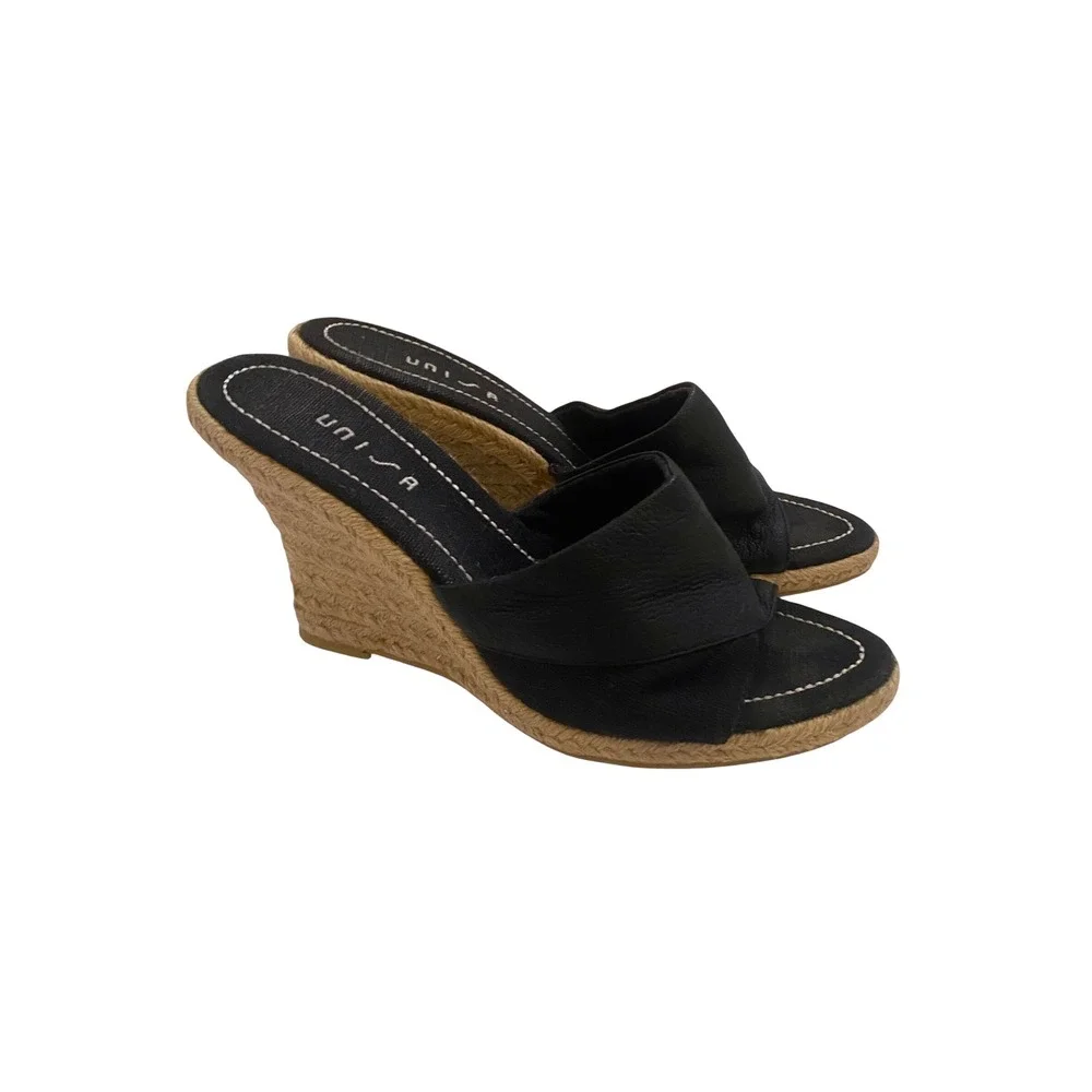 Unisa Sz 6.5  Black Leather Espadrille Wedge Sandals Slide Open Toe Jute Heel